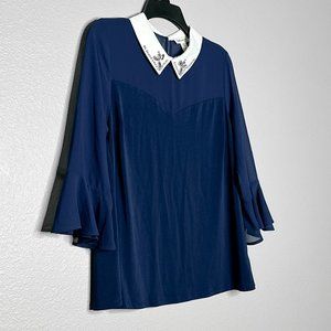 Faith And Joy‎ Blue White Blouse Crystals Sheer At The Top And Sleeves Size M